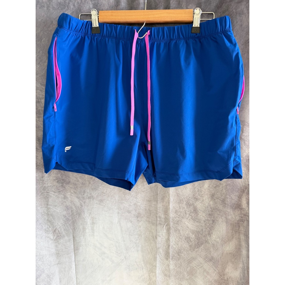 Fabletics Mens XL 5" Athletic Shorts Blue Pink Zipper Pockets Drawstring Gym Run